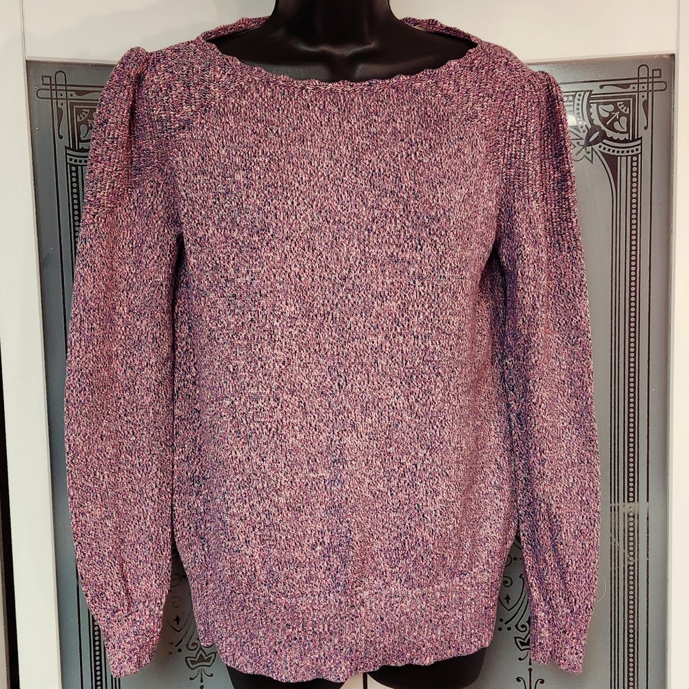 Medium · LOFT Sweater · Puff Sleeve Button Back · Multi-Color Purple, Pink, Navy